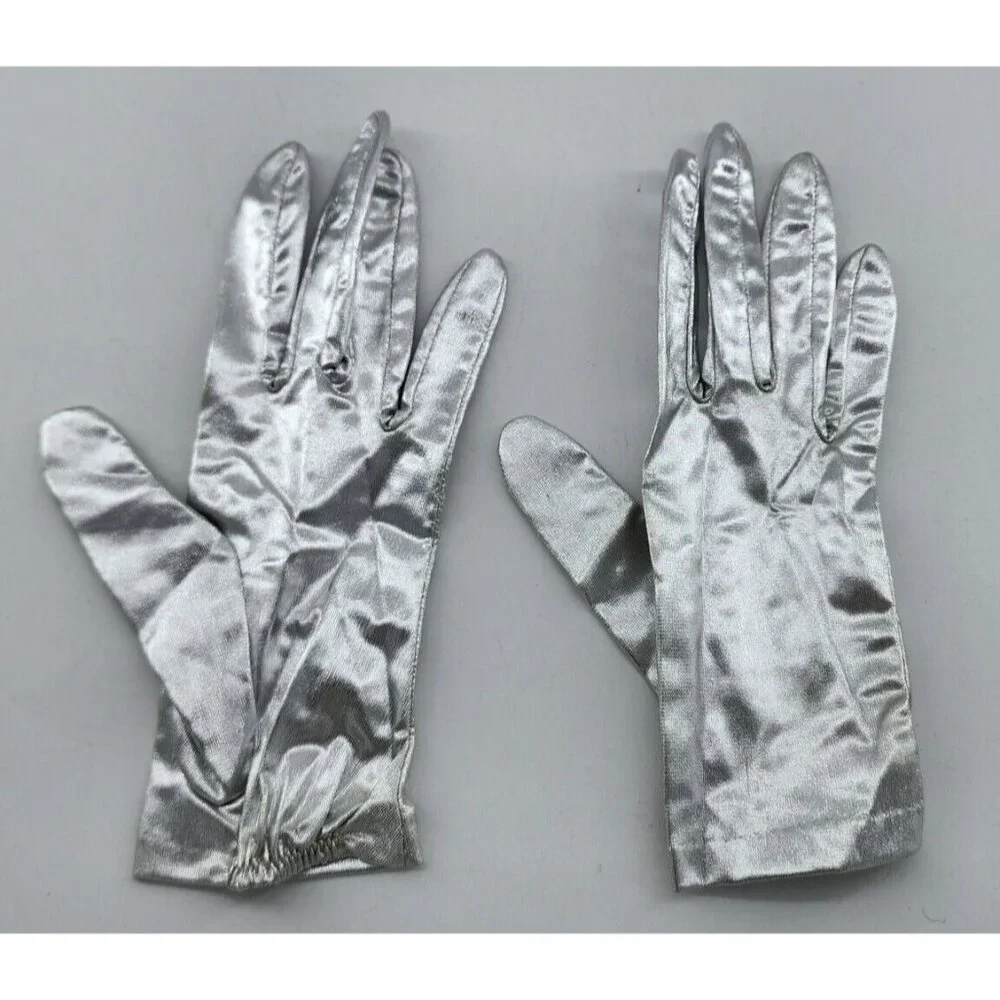 VTG Ladies Fownes Double Woven Nylon Gloves‎ Metallic Silver Costume Cosplay MED